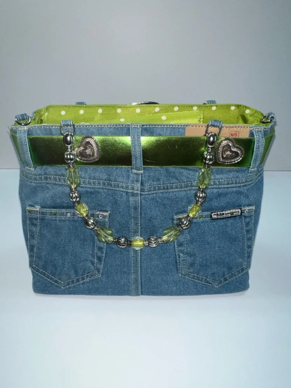 NWT MINGHAOS Denim Bag With Lime Green Belt and Beaded Handles - Picture 2 of 14